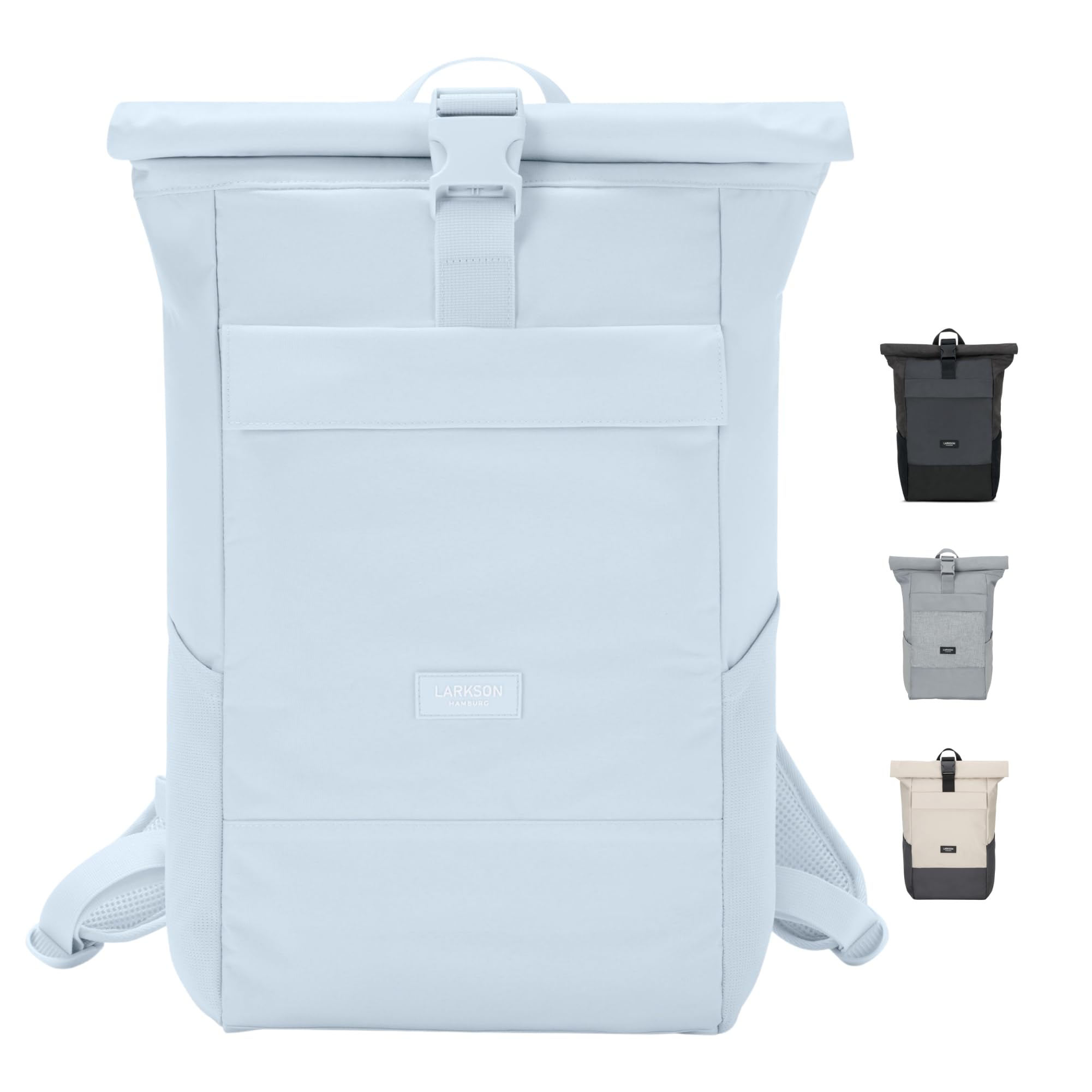 Larkson Roll Top Backpack Women & Men Light Blue - No 4 - Rucksack for University, School, Office - College Laptop Bag 16 Inches - Water-Repellent