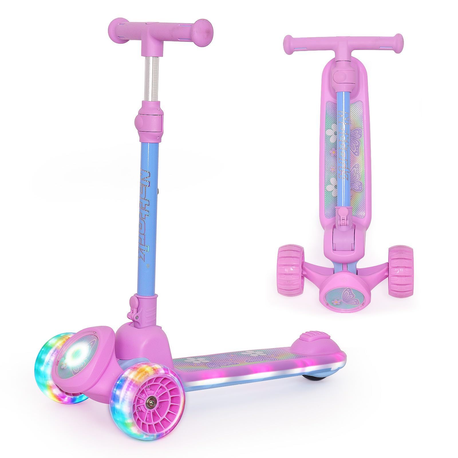 Nattork Kids Scooter with Light Up Wheels, Deck and Headlight, Wide Anti-Slip Deck and T-bar Handle with Rear Foot Brake, Adjustable Height 3 Wheel Scooter for Kids Ages 3+ and up to 220Lbs- Purple