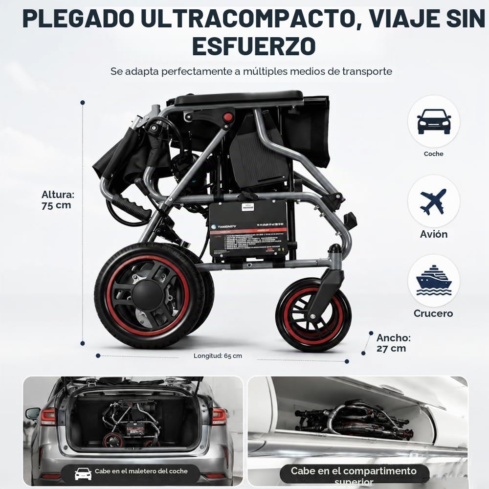 19kg Silla De Ruedas Eléctrica Plegable Para Adultos, 20 Km De Alcance, Silla De Ruedas Motorizada, Todo Terreno Power Wheelchairs Para Personas Mayores, Hasta 150 Kg, Color Negro