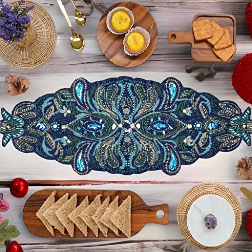 Handmade Beaded Table Runner, Beaded Runner For Table, Beaded Table Runner Christmas, Easter Beaded Table Runner, Beaded Christmas Table Runner, Home Decor Mat For Wedding - Blue/Teal/Silver #TOP7