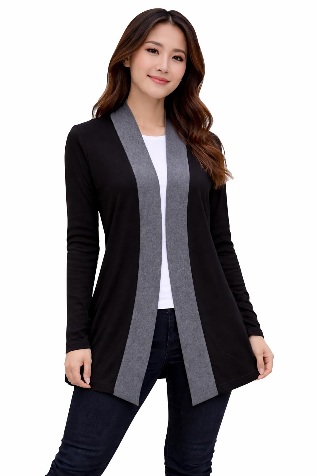 accmetees Women's Full Sleeve Open Front Shrug, Black with charcoal Contrast, Long Cardigan Style, Cotton Blend (IN, Alpha, XL, Regular, BLACK)-picture-17