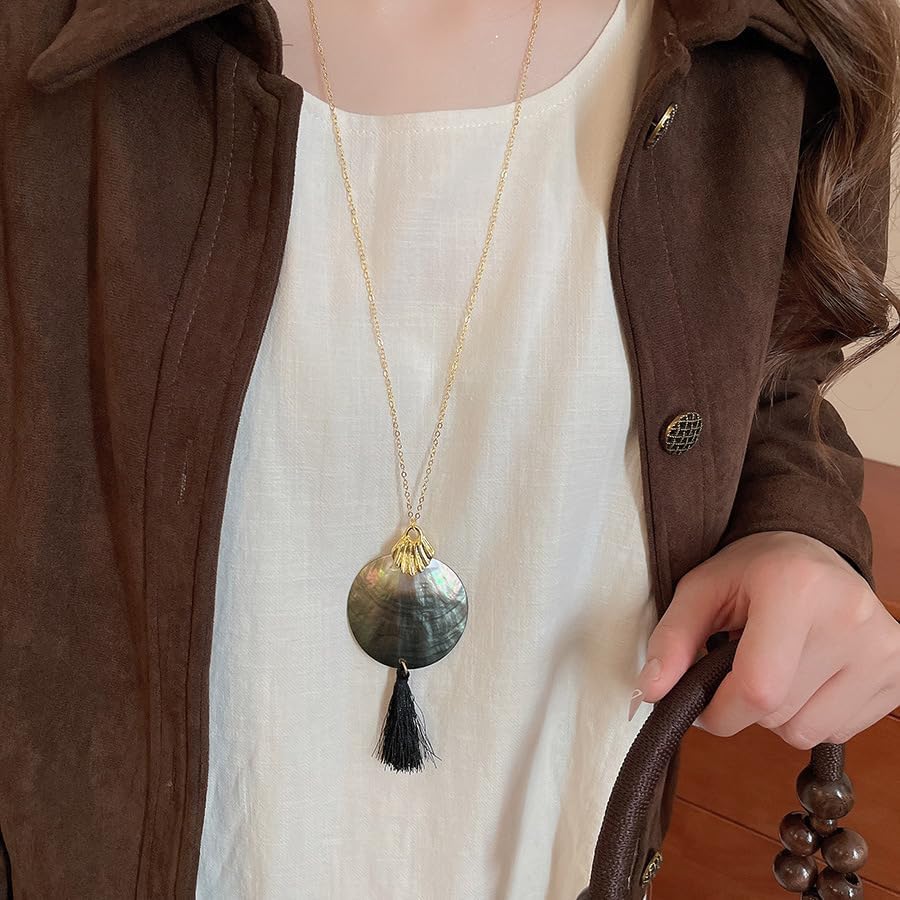 Boho Long Necklaces for Women Trendy Shell Tassel Pendant Necklace Vintage Big Disc Seashell Sweater Chain Geometric Circle Casual Necklaces Bohemian Statement Jewelry - Image 5