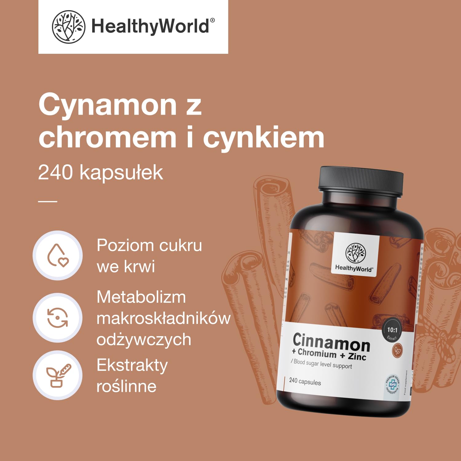 HealthyWorld Cynamon z chromem i cynkiem - 240 kapsułek roślinnych - Wegetariańskie - Wysoka dawka - Zapas na 4 miesiące - Najwyższa jakość - Trzy aktywne składniki - Regulacja poziomu cukru we krwi