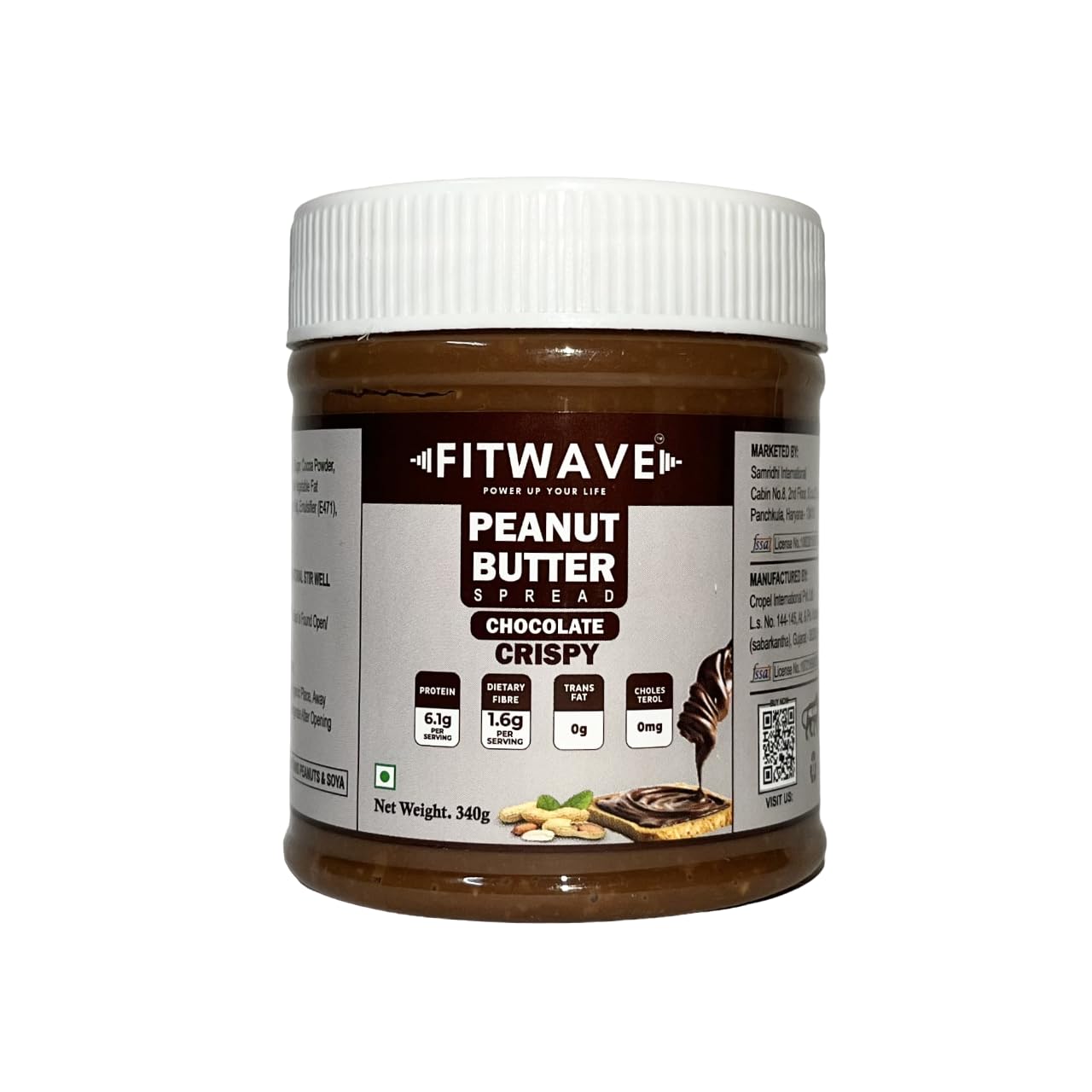 Fitwave Chocolate Crispy Peanut Butter 340 gm | Per 100 gm - Protein 19 gm | Dietary fibre 5 gm | Trans Fat Free | Cholesterol Free