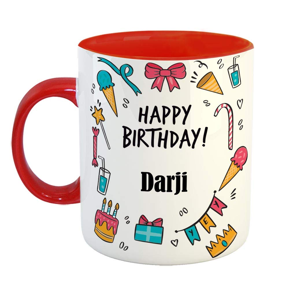 FurnishFantasy Ceramic Coffee Mug - Best Gift for Happy Birthday Mug , Color - Red, Name - Darji