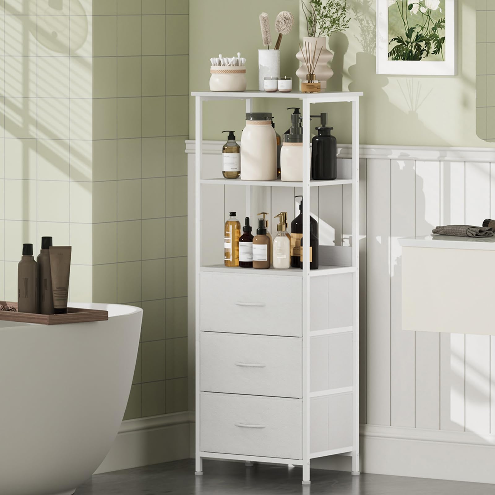 Somdot Commode Chambre, Commode Haute avec 3 Tiroirs en Tissu et Cadre en Acier, Meuble de Rangement pour Salon, Chambre, Bureau, Couloir Entrée, 30P x 42l x 115H, Blanc