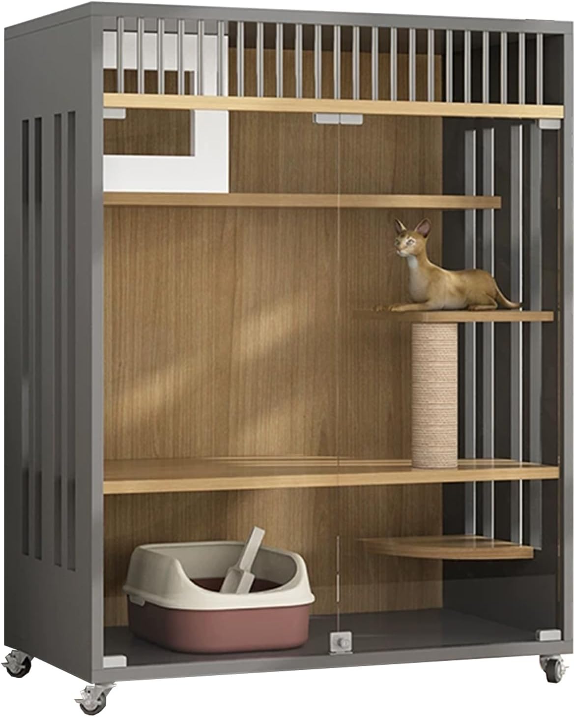 Cat Enclosures, Solid wood extra large space cat playpen, with ventilation Fence, Panoramic Tempered Glass Panel, Perfect for 1-2 Cats(Gray,35.4x50/90x127cm)