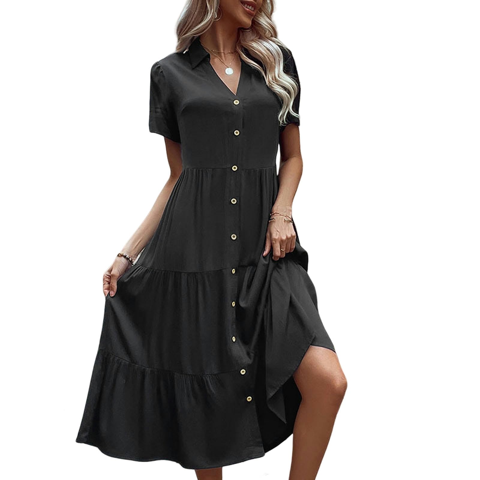Vestidos para mujer, cuello en V, botones, manga corta, con volantes, acampanado, vestido camisero midi fluido. YYEFNMAZ