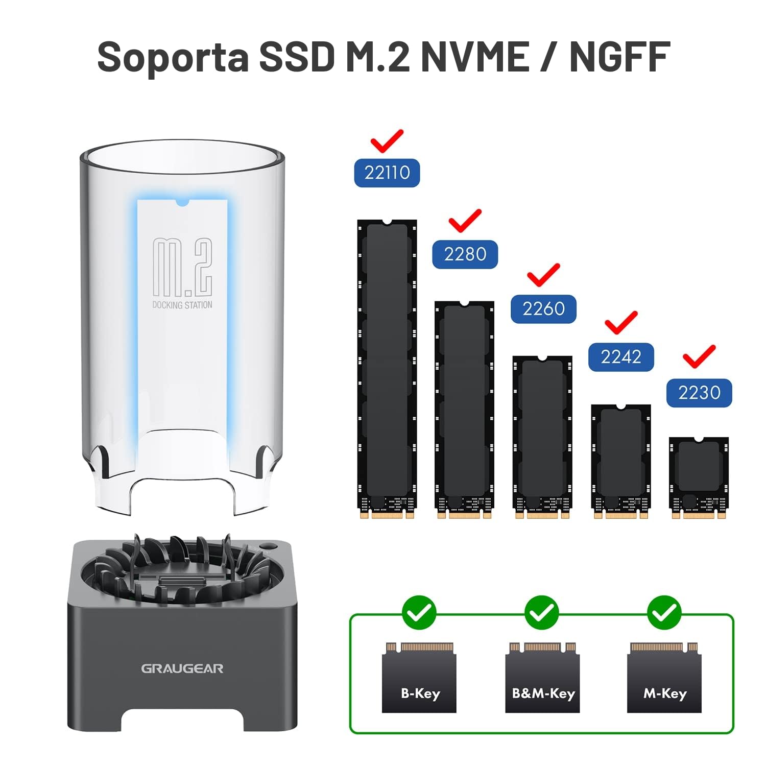 GRAUGEAR Estación Acoplamiento SSD M.2, USB 3.2 Gen2 10Gbps, Ventilador 50mm, RTL9201B Compatible NVMe y NGFF, Incluye Cables USB-C y A-C