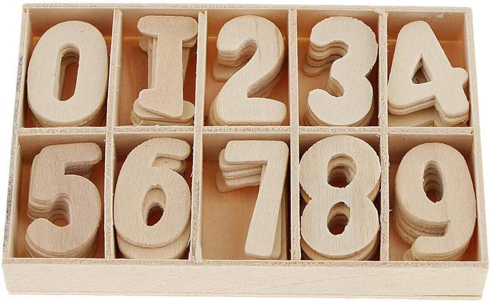 POFET Mixed Wooden 0-9 Numbers Unpainted DIY Decorations Kids Early Educational Learning Toys Games 120pcs (Numbers) with Storage Box Trays