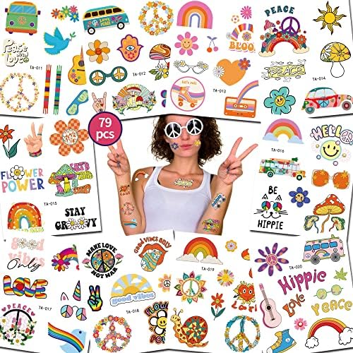TATUWST Hippie Temporary Tattoos for man and Women Adult 70’s Groovy Hippie Love and Peace Rainbow Waterproof Face Body Waterproof Body Party Accessories,79 styles Tiny Removable Fake Tattoo stickers
