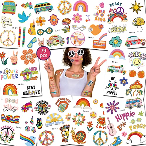 Tatuwst Hippie Temporary Tattoos For Man And Women Adult 70’S Groovy Hippie Love And Peace Rainbow Waterproof Face Body Waterproof Body Party Accessories,79 Styles Tiny Removable Fake Tattoo Stickers #TOP3