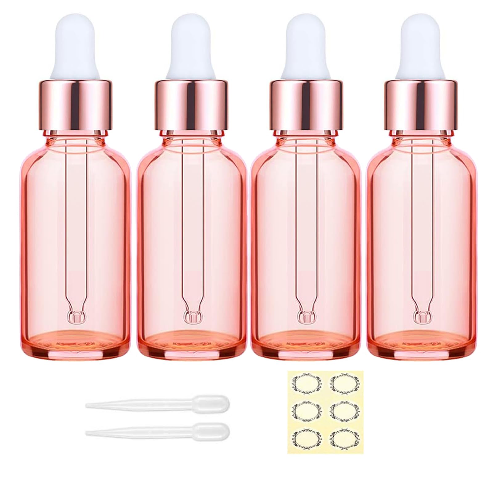 Apstaqeoo 4PCS 50ML Rose Gold Glass Dropper Bottles - Empty Bottle with Pipette Refillable Sample Bottles Tincture Drop Bottle Rose Gold Cap for Essential Oil Aromatherapy Perfume Laboratory