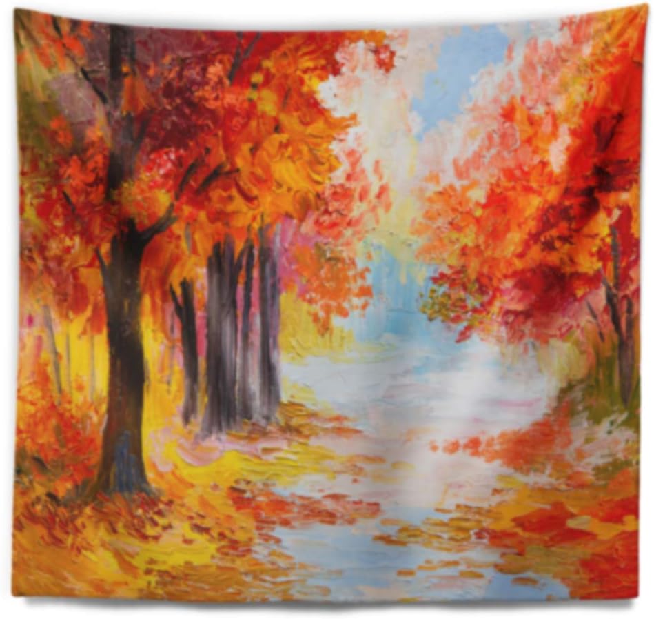 Designart ' Orange Forest in Autumn' Landscape Tapestry Blanket Décor Wall Art for Home and Office, Created On Lightweight Polyester Fabric x Large: 92 in. x 78 in
