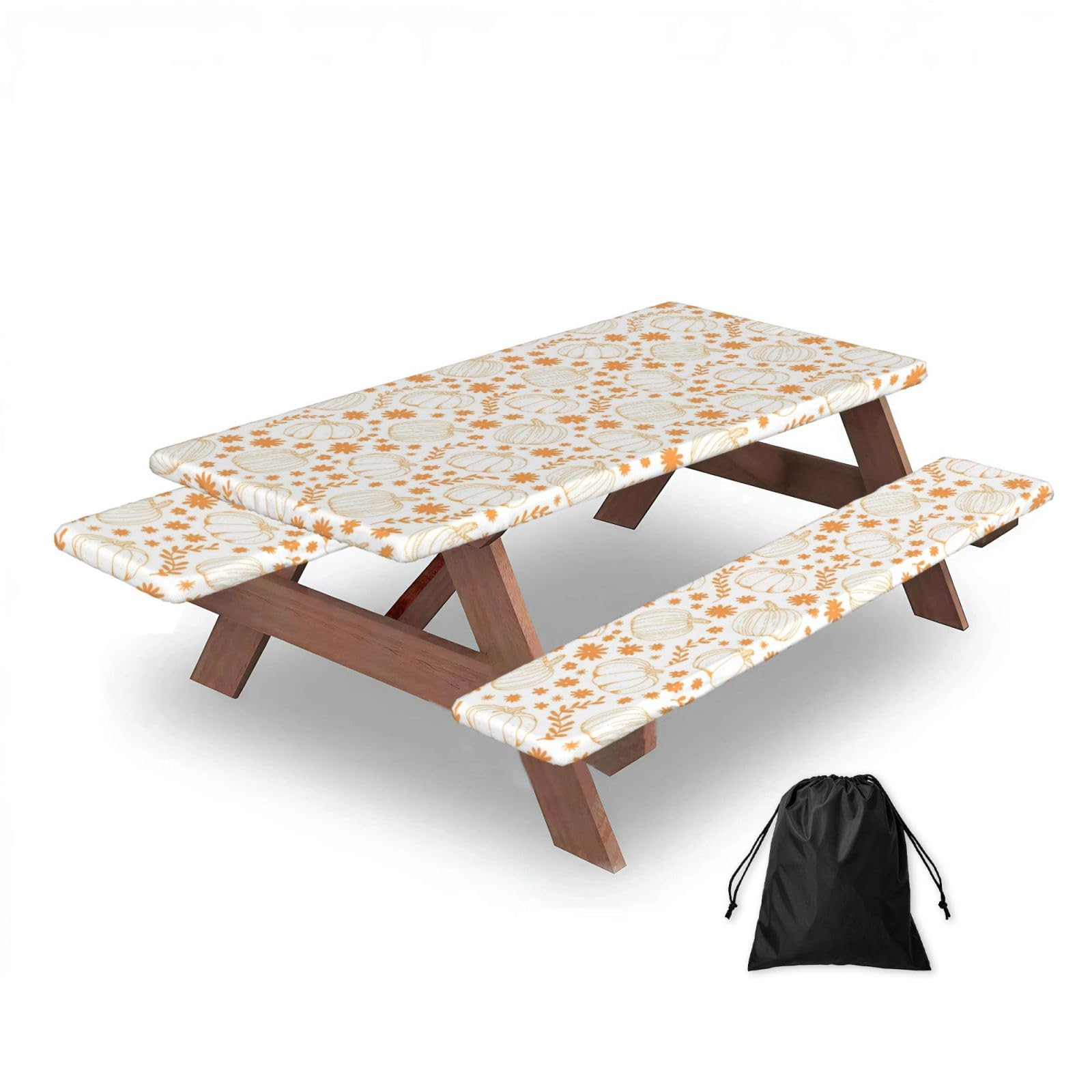 Dopklna As Picture Autumn Pumpkin Flower Leaf, Picnic Table Cover With Bench Covers -Waterproof Elastic Fitted Tablecloth For Garden Camping Patio 76X152cm