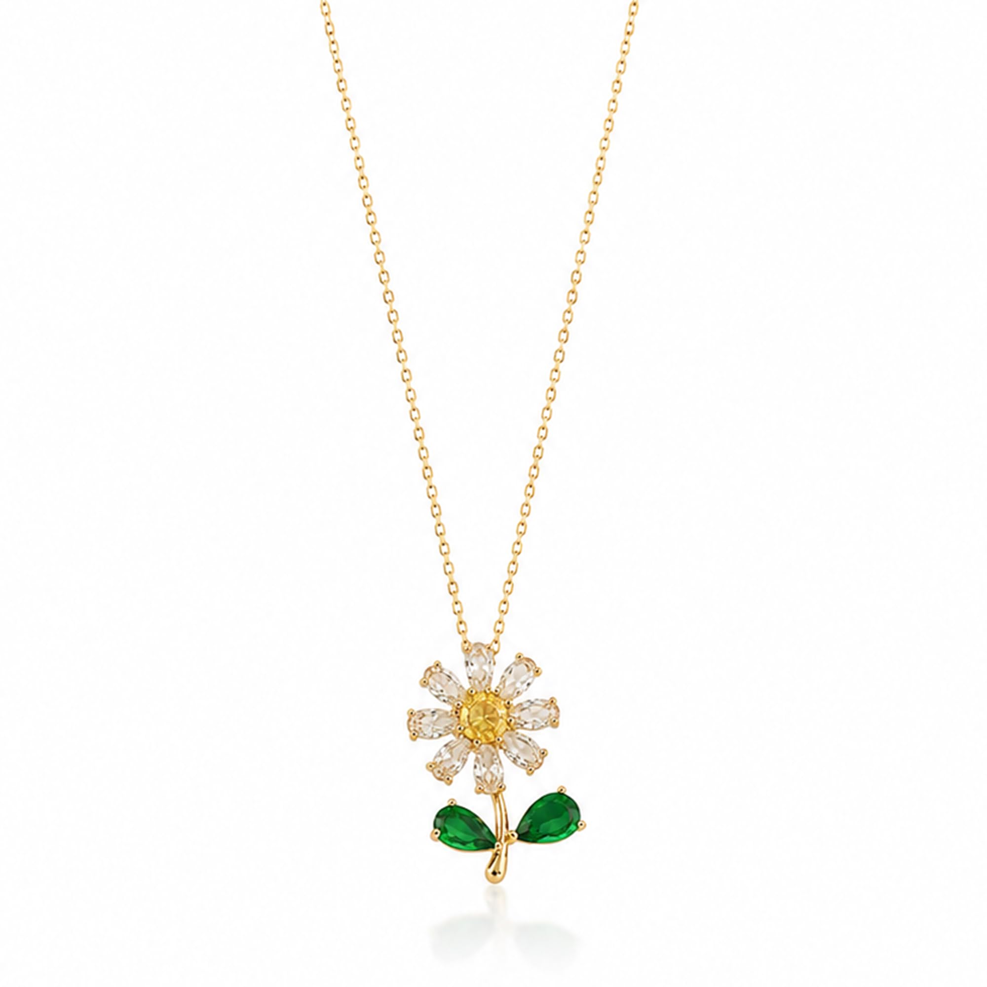 Daisy Flower Pendant Necklace with Crystal Petals and Green Leaf Accents | Floral Choker Chain Jewellery for Women and Girls-image-8