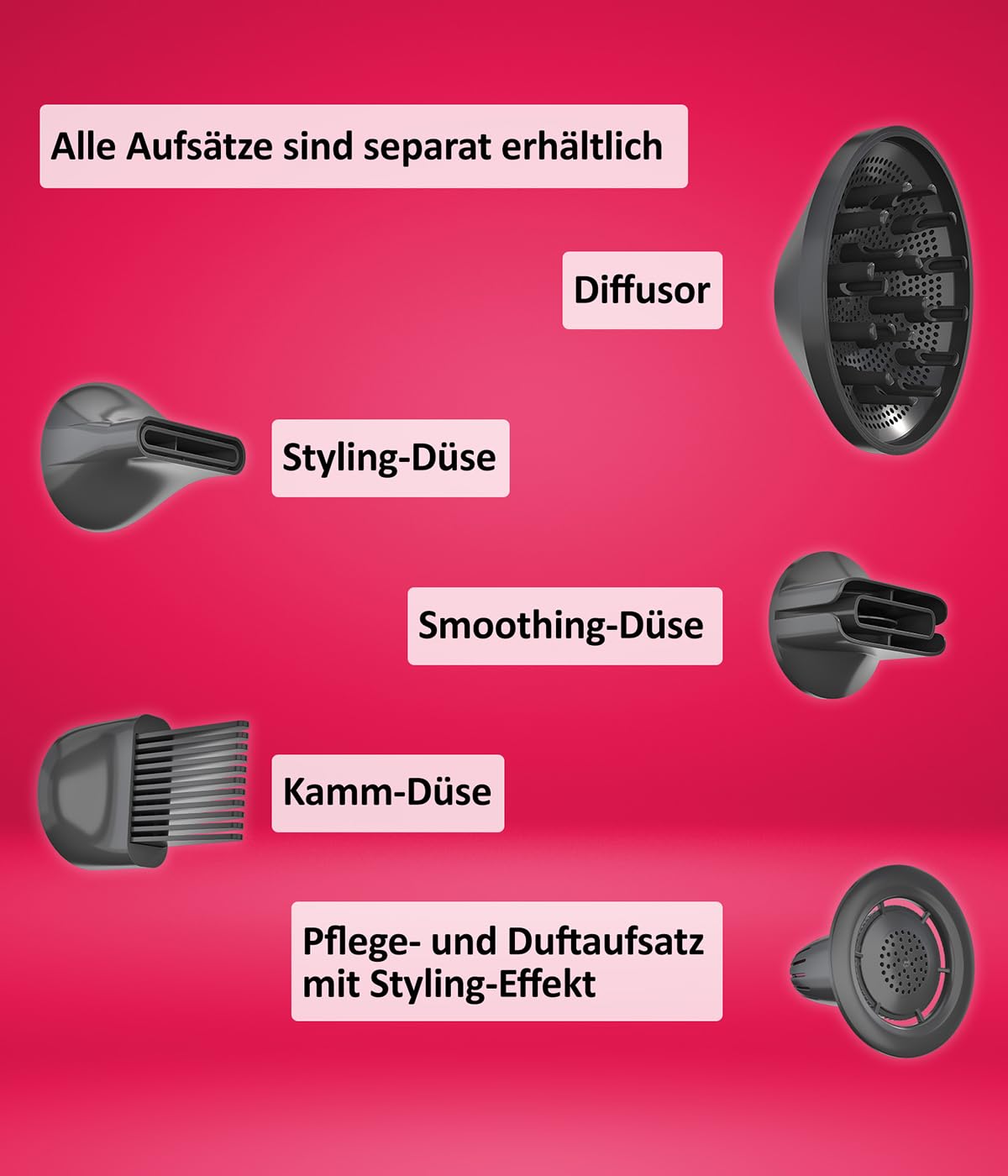 Genius Invictus Föhn Hair D7 Ionen Haartrockner 5 tlg, Reisefön Fön mit 1 Diffusor 3 verschiedene Stylingdüsen, 5 Temperatur- und 3 Geschwindigkeitsstufen, 1600 W Hair Dryer für schnelles Trocknen
