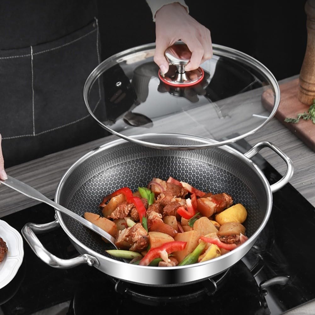 Padella wok in acciaio inox, 32 cm, struttura a nido d'ape, lavabile in