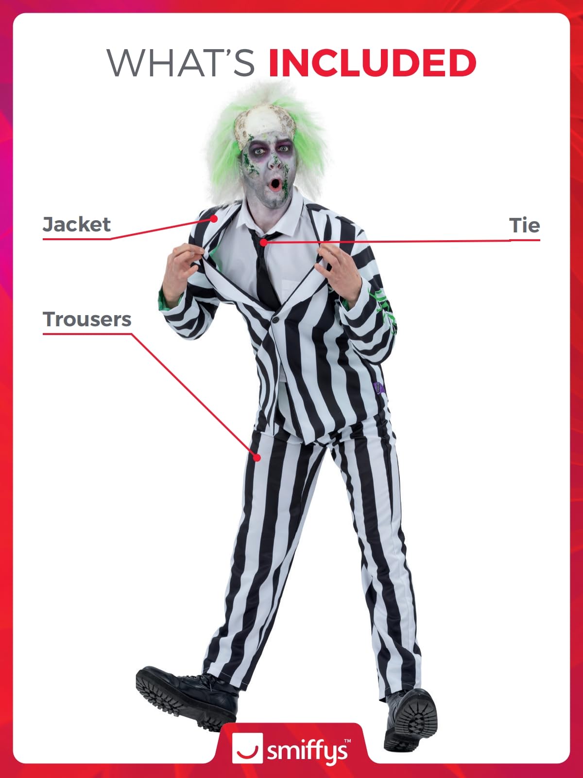 Smiffys Beetlejuice - Costume da bambino con giacca, camicia finta cravatta e pantaloni, licenza ufficiale Warner Brothers, costume classico Beetlejuice a righe con costumi per la famiglia abbinati