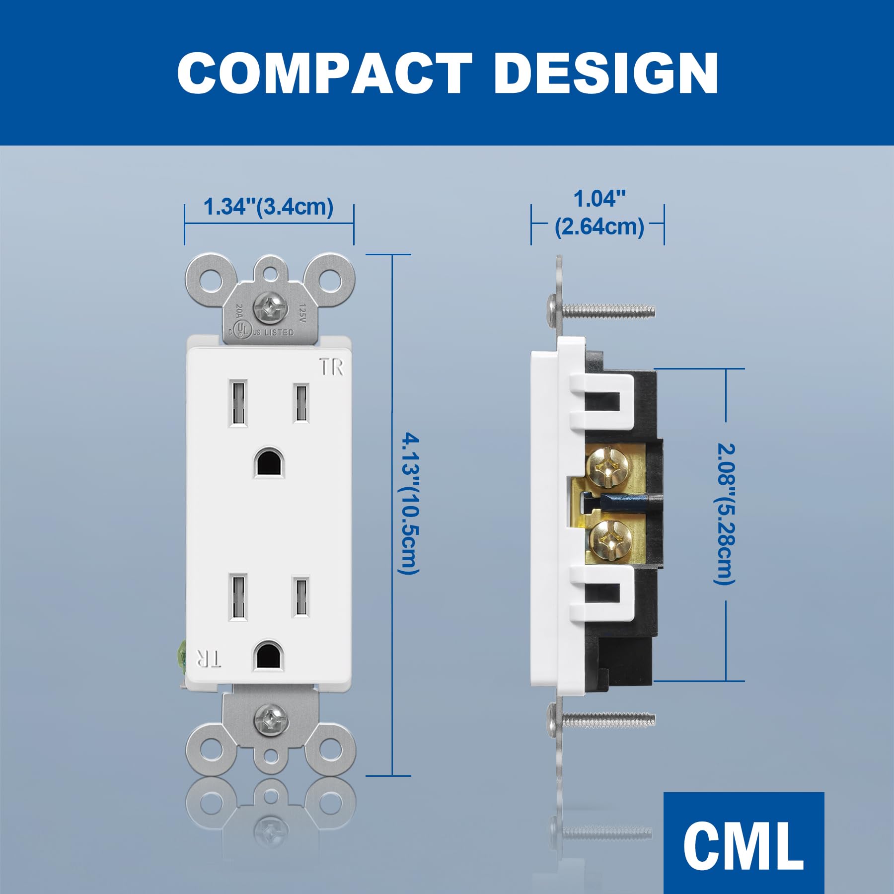 CML - Paquete de 100 enchufes eléctricos de pared decorativos de 15 amperios, toma de receptáculo, seguro para niños, resistente a manipulaciones (TR), 15 A/125 V, certificación UL