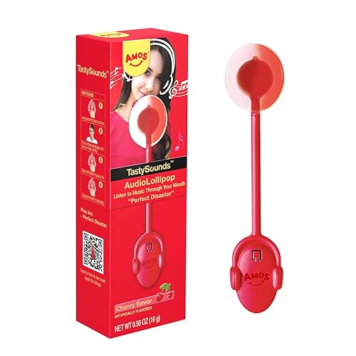 Amos Paleta de caramelo con diseño de música, sin azúcar, regalo único de San Valentín, sabor a cereza envuelto individualmente (paquete de 1)