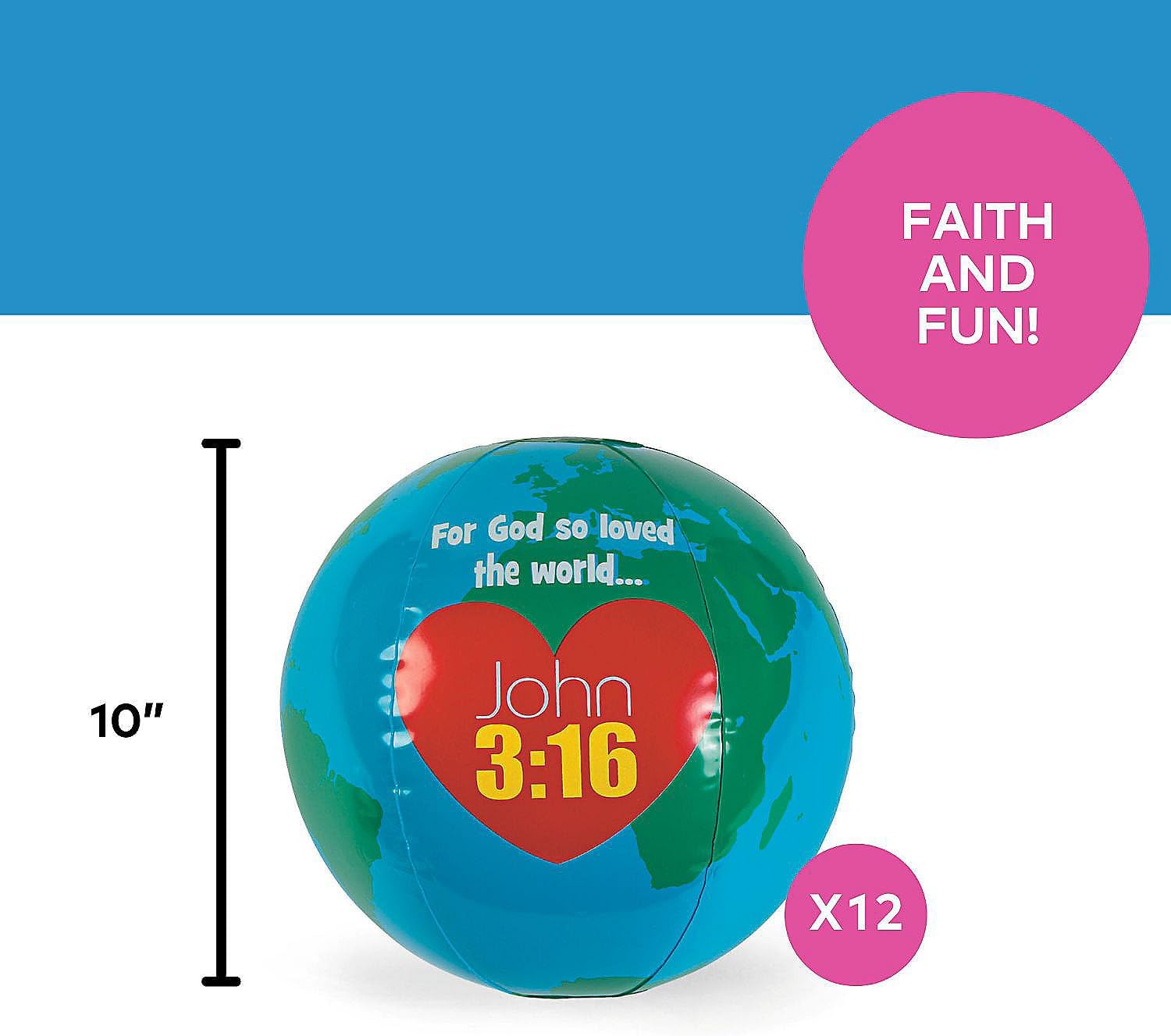 Fun Express Inflatable God Loves The World Globes 12 Pack - Christian Gifts for Kids & Religious Party Favors | 10 Inch Beach Balls for Sunday School Supplies, VBS Church Activities & Bulk Prizes