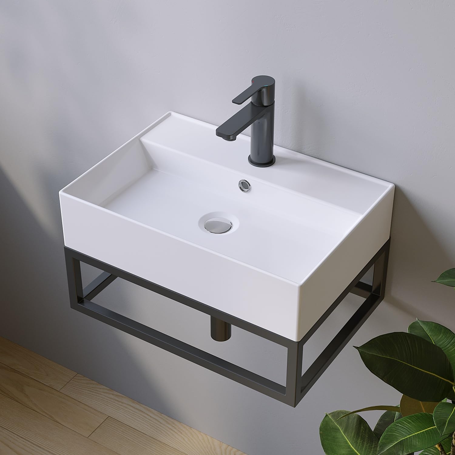 Lavabi in ceramica angolare 50 x 35 cm, lavabo a incasso per mobile da bagno, lavabo per bagno degli ospiti, sospeso, lavabo a parete, bianco, con foro per rubinetto, troppopieno, viti di fissaggio