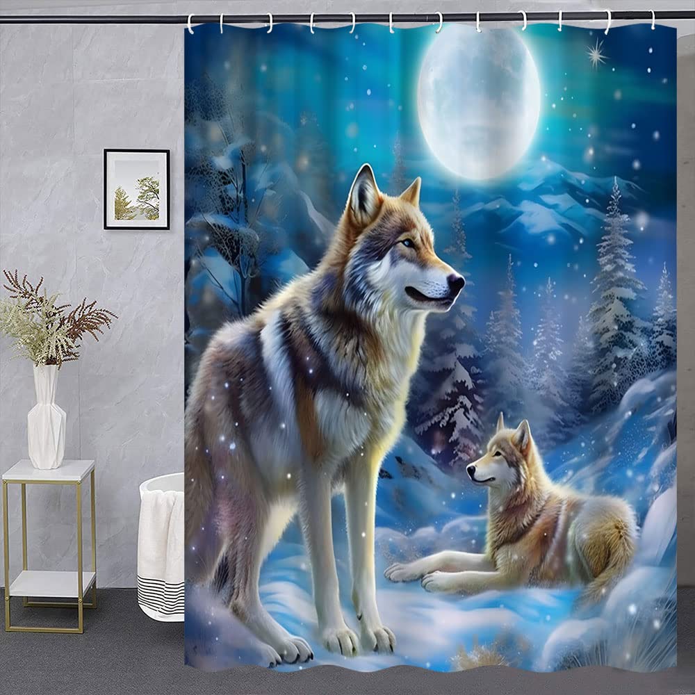 Wolves Howling Bath Curtain - Waterproof Polyester, 72x72 Inch, Kids Animal Theme Shower Set With Hooks