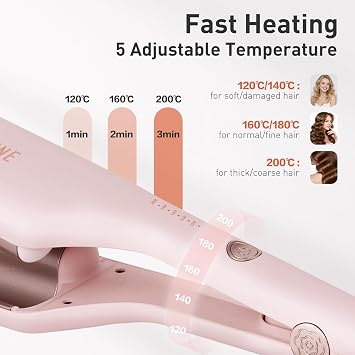 TANSHINE Curling Iron Hair Waver,1.25 Inch Dual Barrel Barrel Ceramic Hair Crimper for Beach Waves,Ionic Deep Waver Curler with Dual Voltage, Anti-Scald Protection Curling Wand, Adjustable Temp,Pink