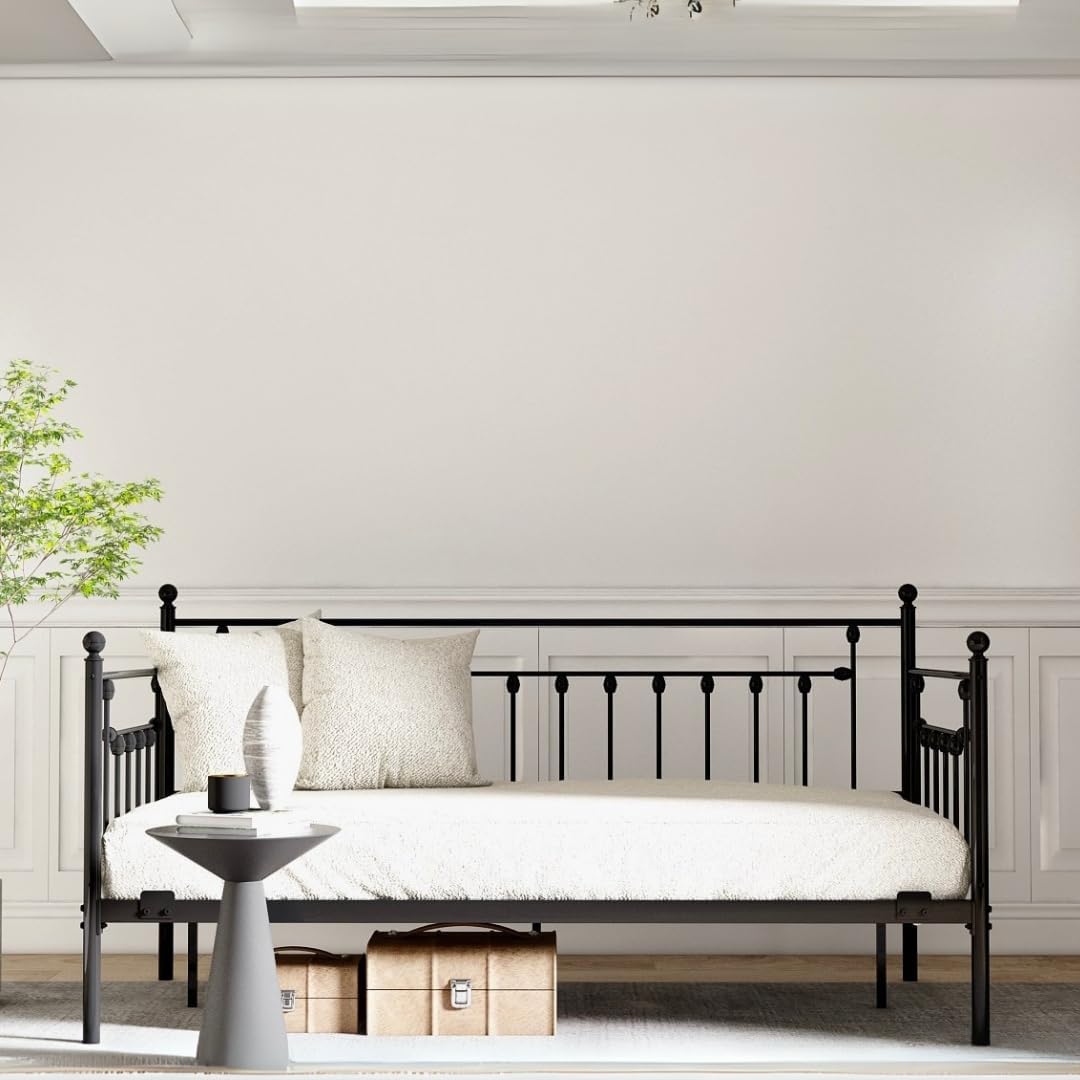 Golden Gate Beds Daybed Frame with Headboard, Without Trundle, Heavy Duty Metal Frame & Steel Slats Foundation, Upholstered Stylish Sofa Bed for Living Room, Bedroom, Guest Room - Black, Twin Size