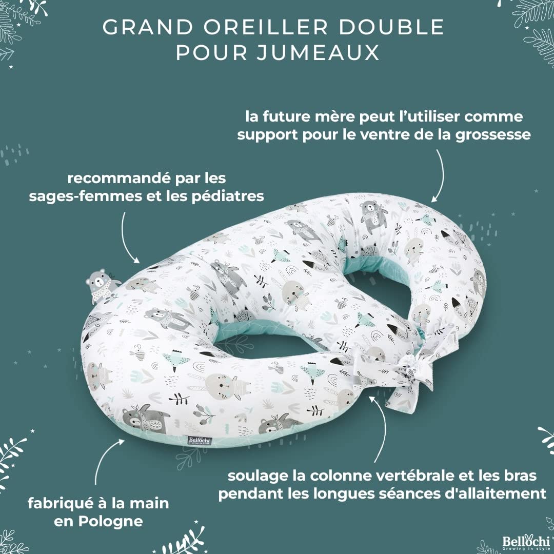 Bellochi Coussin d'allaitement Jumeaux avec Housse Coussin Allaitement - 100% Coton - Oreiller Allaitement Multifonction - Animaland