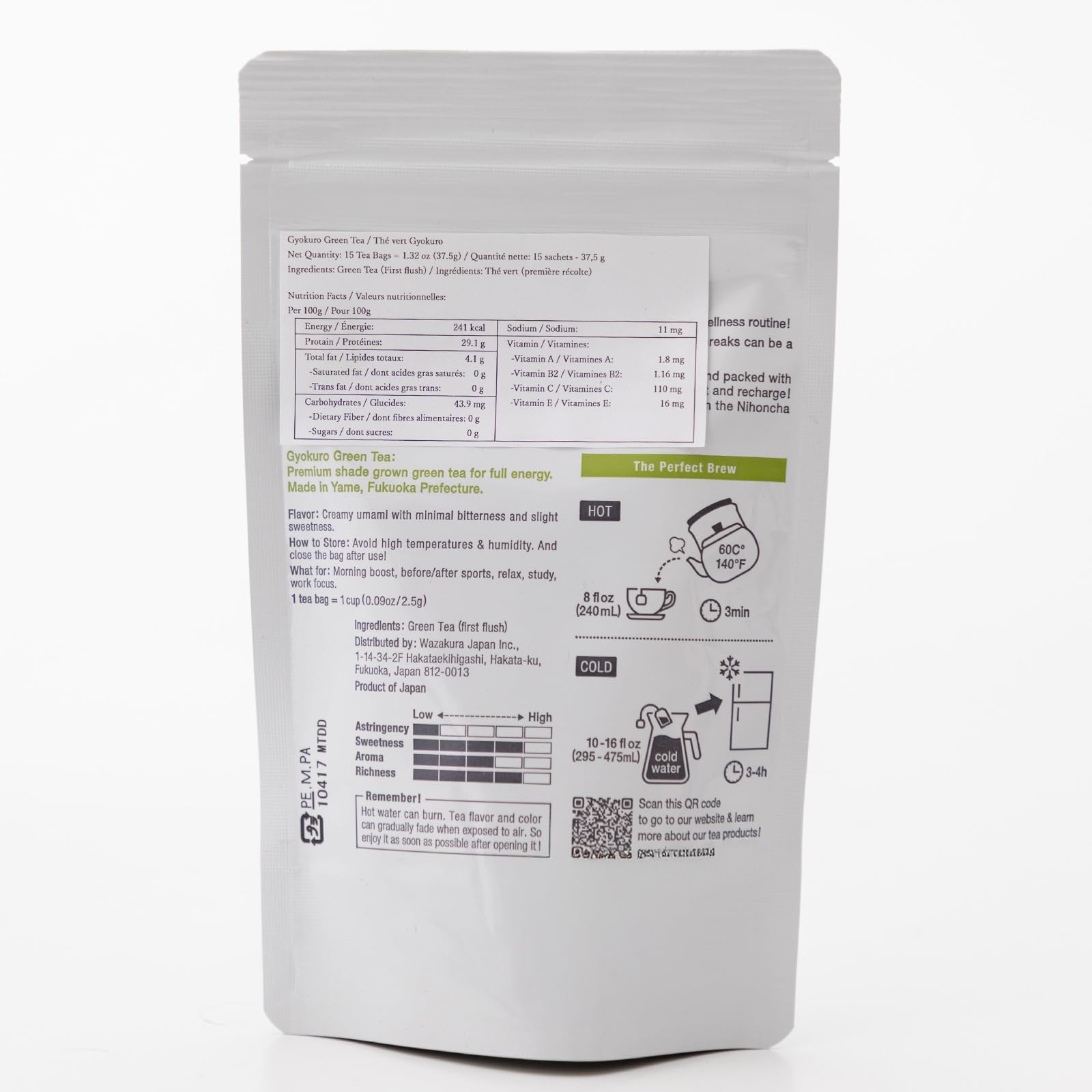Asayu Japan Tè Verde Giapponese Gyokuro15 Bustine - Tè Verde Giapponese Premium Coltivato all'Ombra 2,5 gr x 15 bustine per Energia e Sprint Mattutino (Tè Verde Gyokuro)