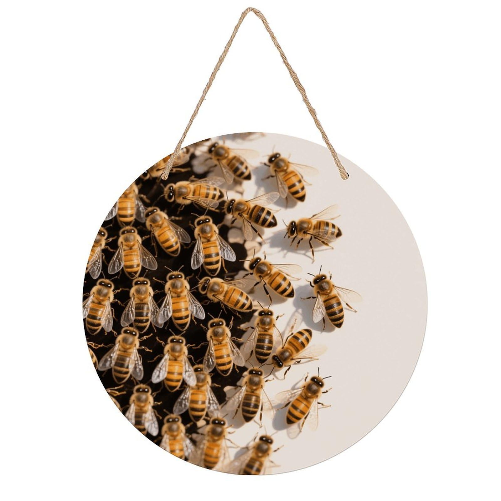 VstaDank Bees Wall Decor Round Wood Hanging Sign 7.9x7.9 in Wooden Circle Door Hanger with Ropes, Rustic Wall Art Decor for Home Front Door Indoor Outdoor Decoration