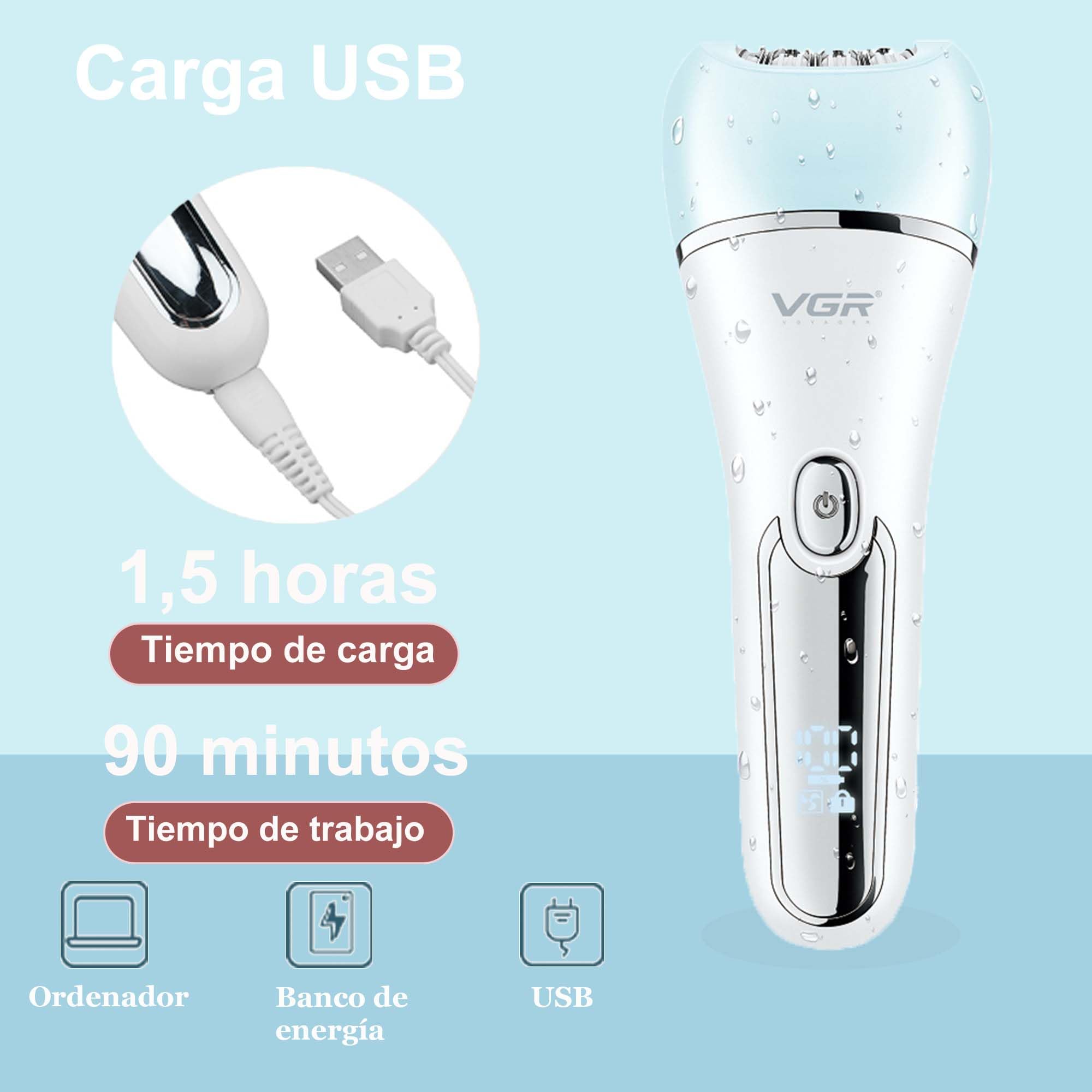 VGR 733 Depiladora Mujeres, 6 en 1 Inalámbrica y Recargable Maquina Depilar, Seco y Húmedo Recortador eléctrica, Afeitadora Facial y Corporal para Cara, Piernas, Axilas, Azul