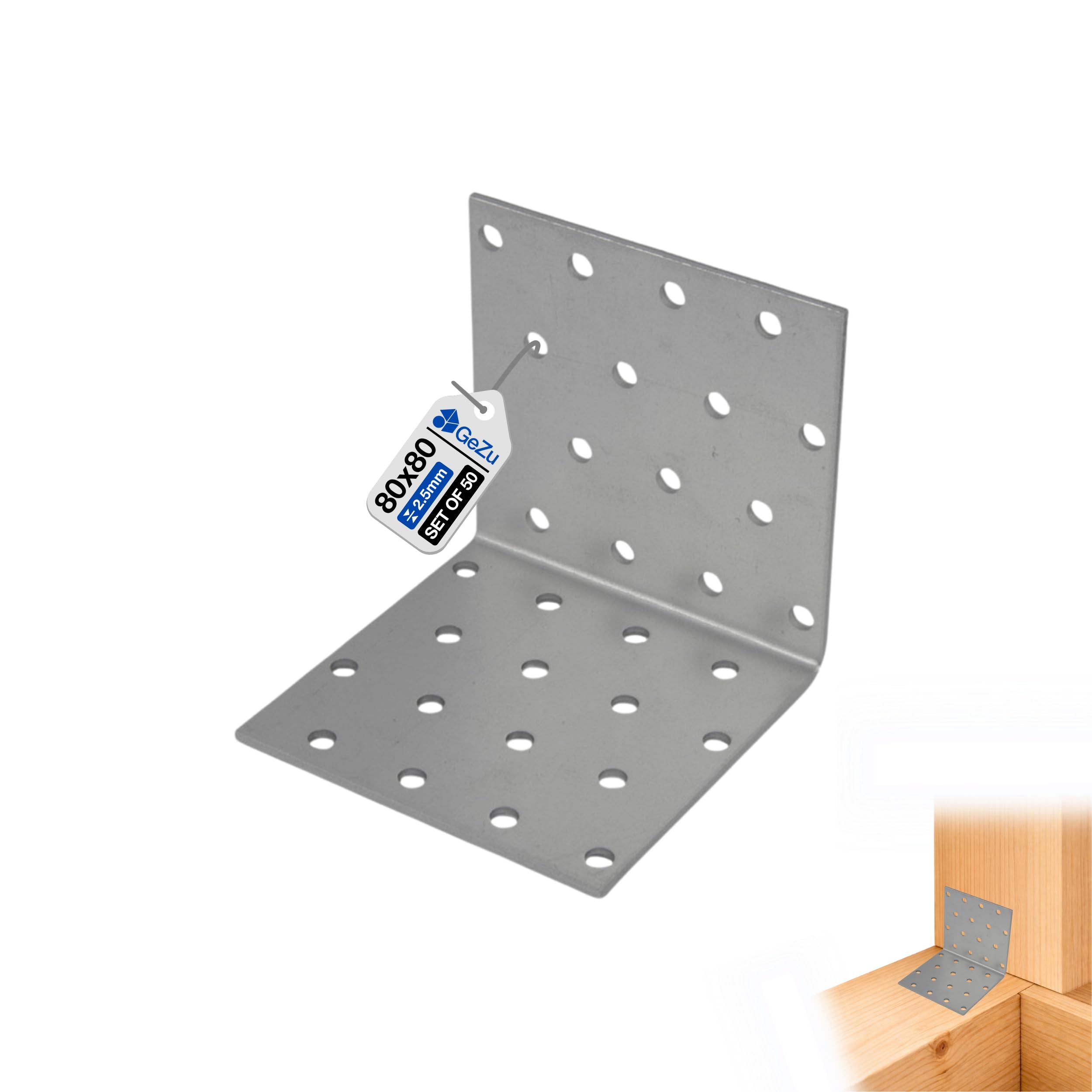 GeZu Impex Angle Bracket 80 x 80 x 80 mm Galvanised Set of 50 Perforated Corner Braces Brackets Connector Wood