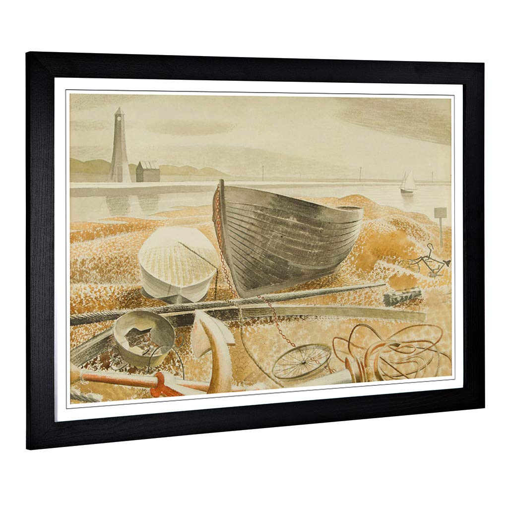 Big Box Art Framed Print of Eric Ravilious Anchor and Boats Design | Wall Art Picture | Home Decor for Kitchen, Living Room, Bedroom, Hallway, Black, A2 / 24.5x18 Inch / 62x45cm
