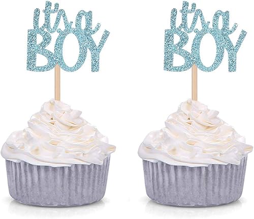 Miniatura 1 de Juego de 24 adornos para cupcakes con purpurina azul con texto en inglés "It's a Boy" para fiesta de revelación de género