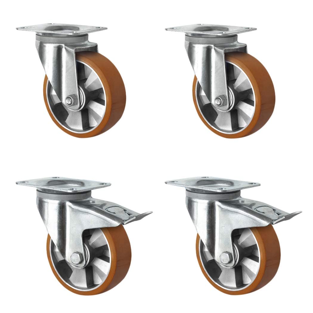 4er Set Schwerlastrollen 125 mm – 1200 kg Traglast – Aluminiumfelge & Polyurethan Lauffläche – 2 Lenkrollen mit Feststeller & 2 Lenkrollen – Doppelkugellager Transportrollen