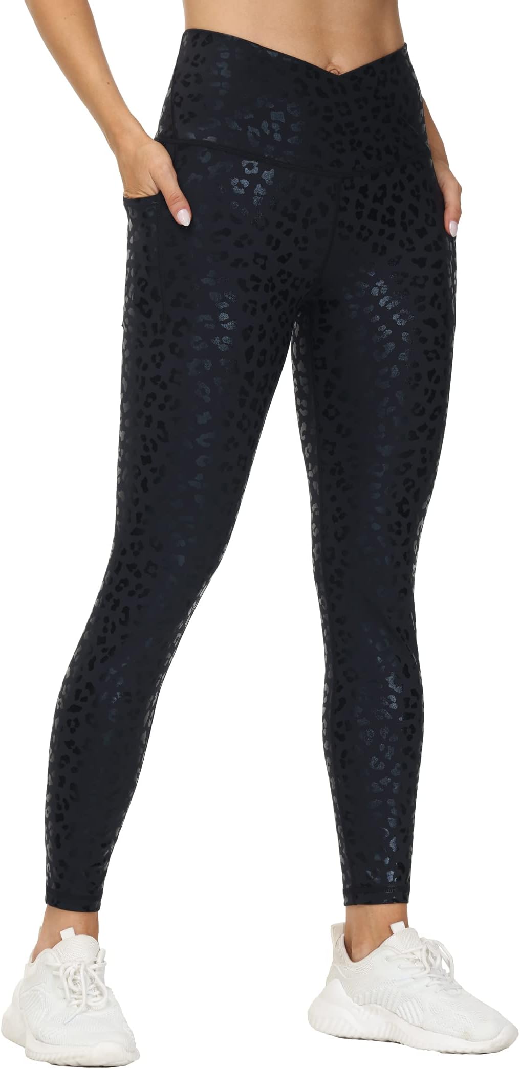 Womens' V Cross Waist Workout Leggings with Tummy Control and Pockets