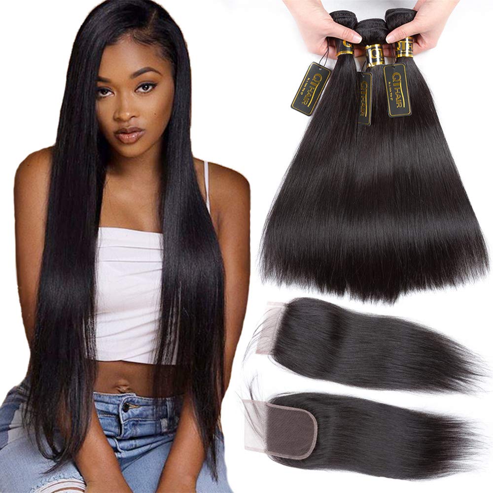 QTHAIR 16A Grade Brazilian Virgin Human Hair Straight Hair with Closure(20" 22" 24" with 18") 100% Virgin Brazilian Hair with Free Part Swiss Lace Closure Natural Black