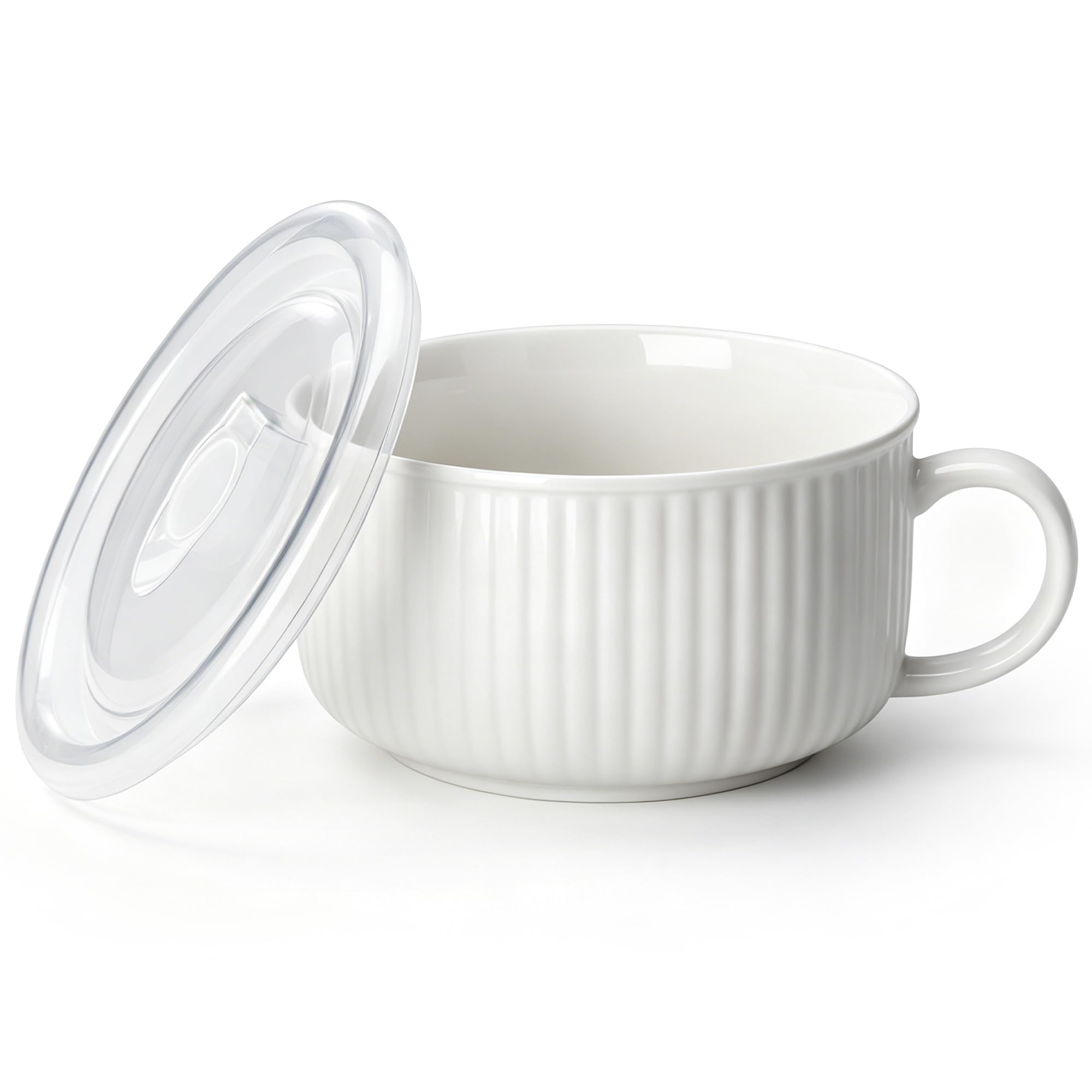 vancasso Bols à Soupe en Céramique 1020 ml, Bols à Ramen avec Poignée | Tasse de Soupe blanc avec poignée et couvercle en silicone ventilé, Bols de Soupe pour ramen, pâtes, céréales et salade