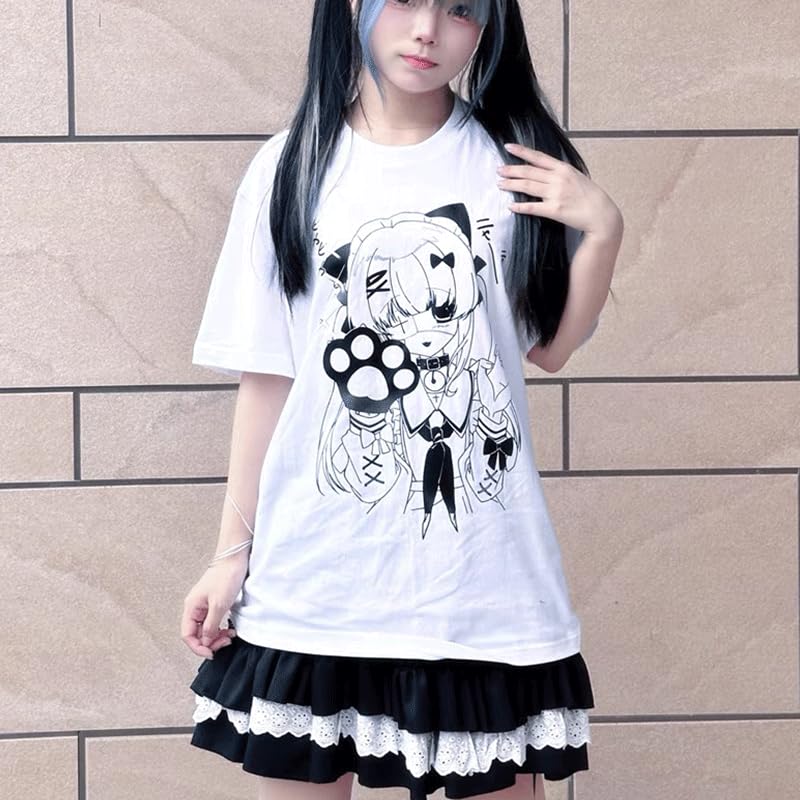 Harajuku Y2K Kawaii Gothic Clothes Casual Loose Soft Crewneck Cute Cartoon Anime Girl with Paw Print T-Shirt4