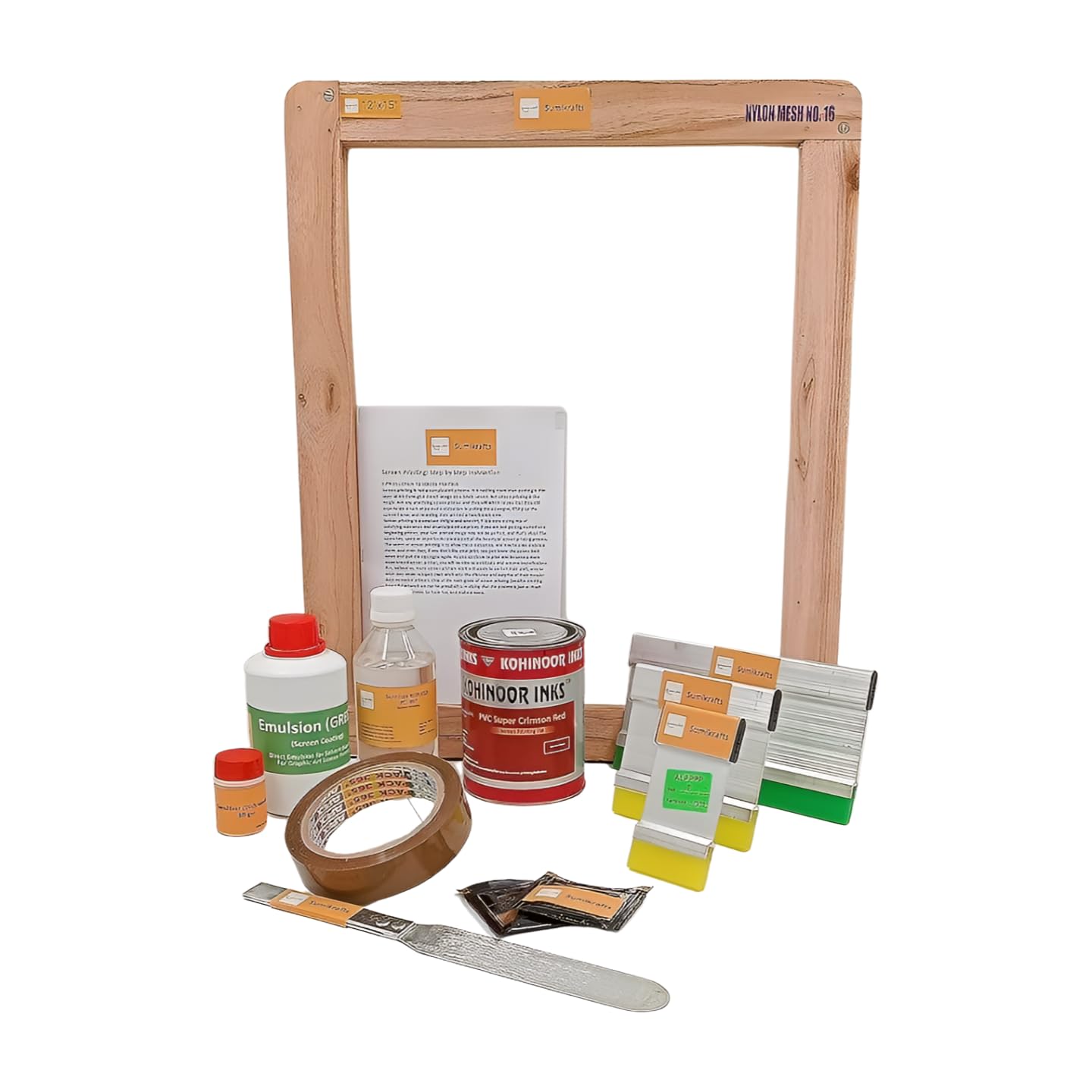 sumikrafts PVC Screen Printing kit: PVC matt Ink Crimson red 500gm+Wooden Frame 12”X15” pre Stretched mesh no 16- Graphic Arts,Textile and Apparel-image-24