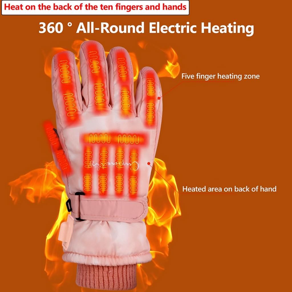 Pink Girls Women Electric Heated Gloves, Rechargeable Waterproof Ski Touchscreen USB Heated Gloves for Winter, Cycling, Skiing, Skating