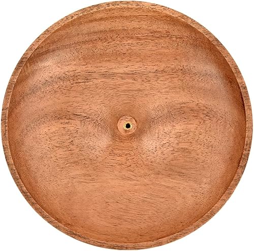 Miniatura 4 de EDHAS Soporte redondo de madera de acacia para incienso y colector de cenizas para decoración del hogar, oficina, club, aromaterapia (5 x 5 x 1