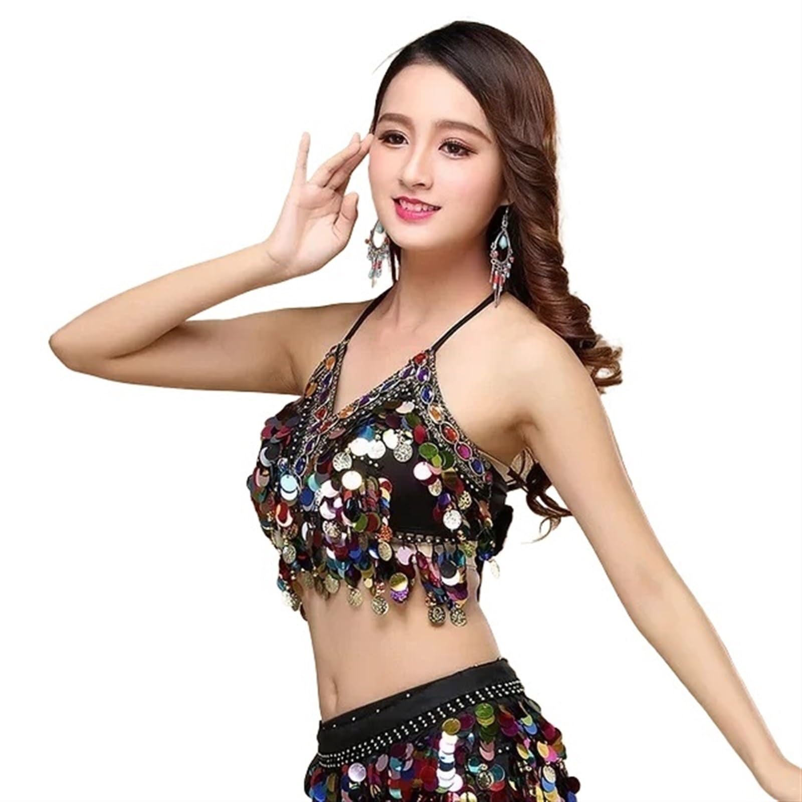 LIUHLFSR Sequin Halter Bra Top Belly Dance Festival Clubbing Tribal Bellydance Sequins Beaded for Dancing Carnival Party(Black