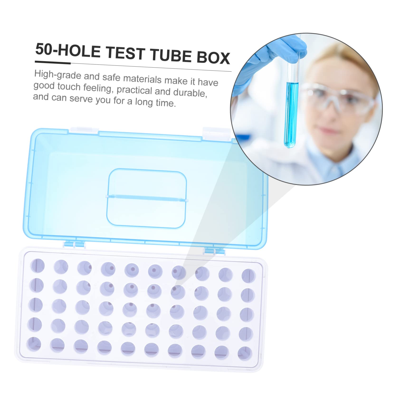 GLEAVI Scatola di Immagazzinaggio da 50 Posti per Provette in Plastica Blu Design Multi-foro Angoli Arrotondati e Superficie Liscia, per Ospedali e Laboratori