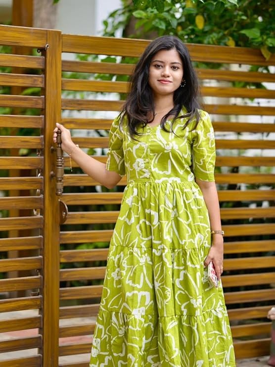 Image of Women's Rayon Printed Floral Gown Dress, Short Sleeve, Tiered Midi Dress