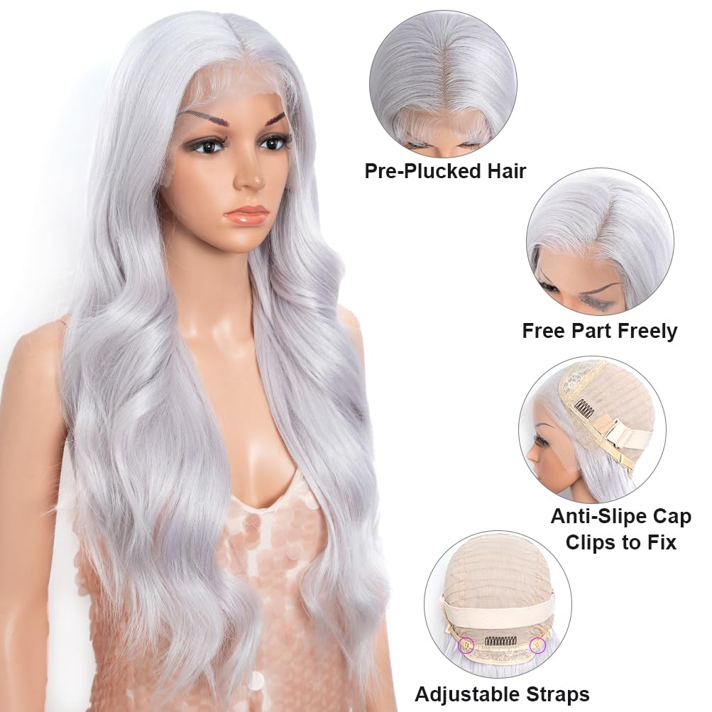 Style Icon 26” Big Curl Layered Synthetic Lace Front Wig 13x4 Large Lace Free Part Silver Grey Wig With Adjustable Cap Heat Resistant Fiber(26 Inches, THISTLE)