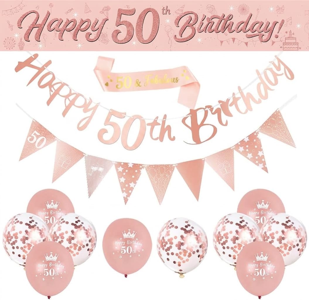ToVii 50th Birthday Decorations - 14Pieces Rose Gold Party Supplies - Born In 1976 Milestone Banner Strap Triangle Flag Bunting Confetti Latex Balloons